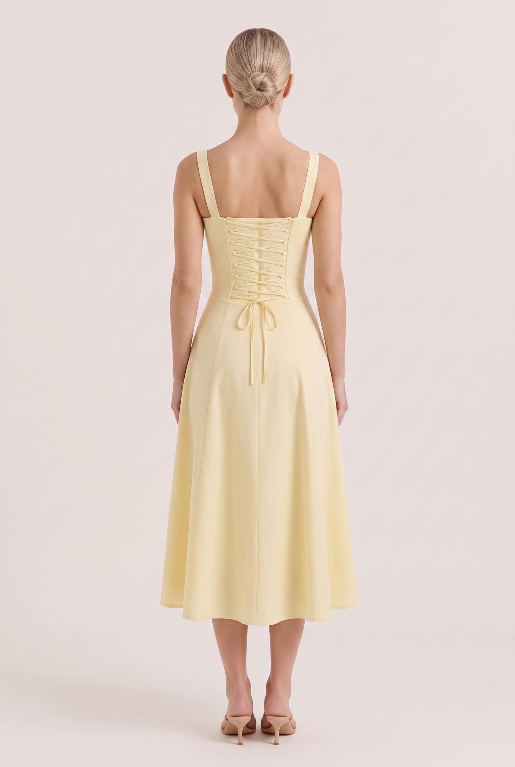 Light Yellow Corset Midi Dress with Side Slit - Back View