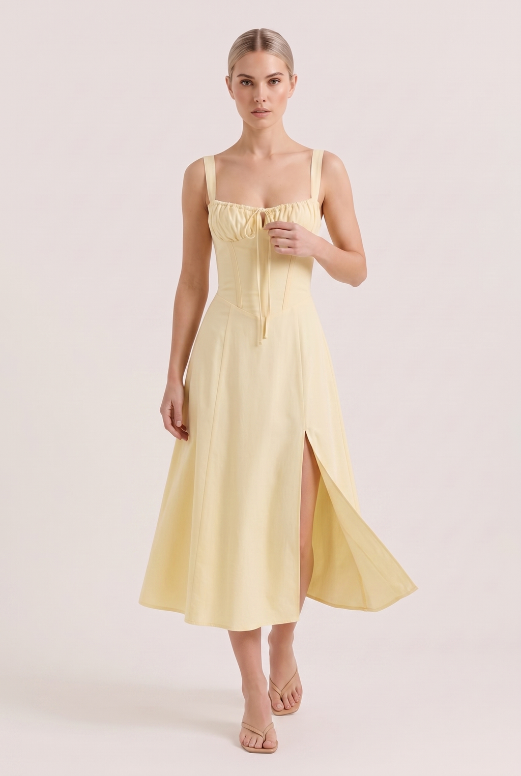 Light Yellow Corset Midi Dress with Side Slit - Front View