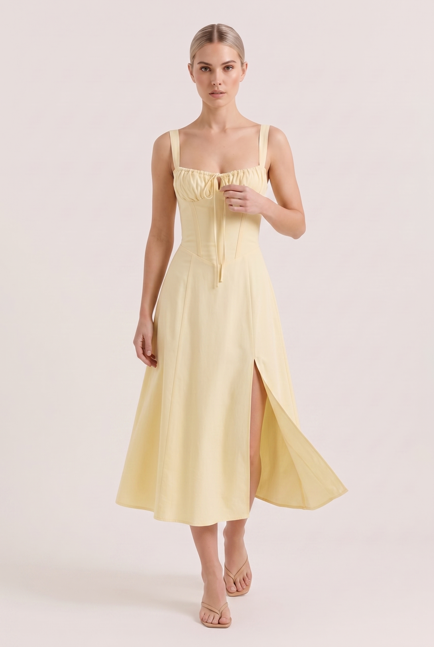 Light Yellow Corset Midi Dress with Side Slit - Front View