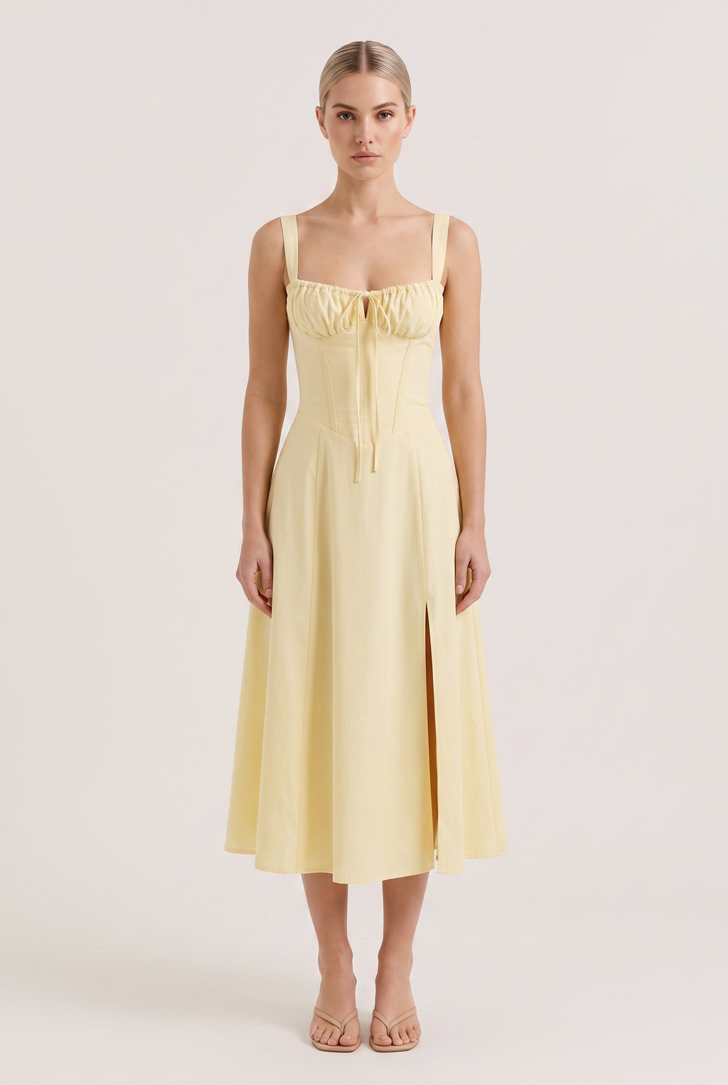 Light Yellow Corset Midi Dress with Side Slit - Front View