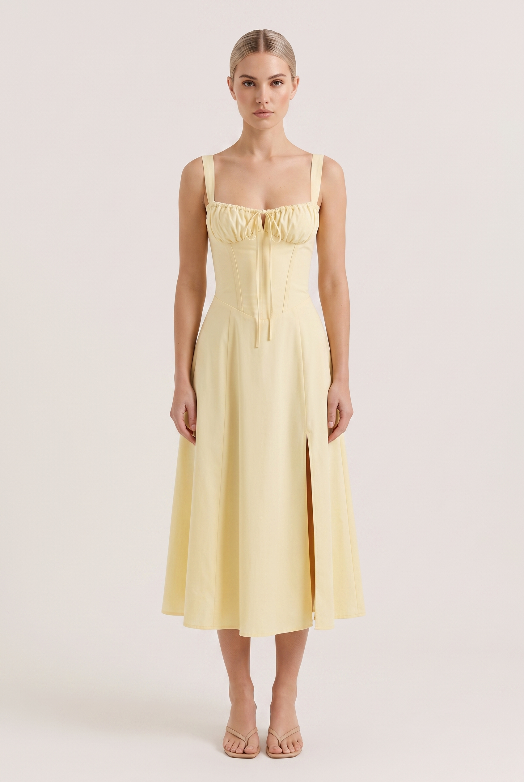 Light Yellow Corset Midi Dress with Side Slit - Front View