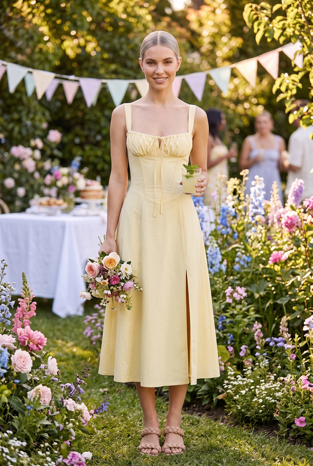 Light Yellow Corset Midi Dress with Side Slit - Lifestyle