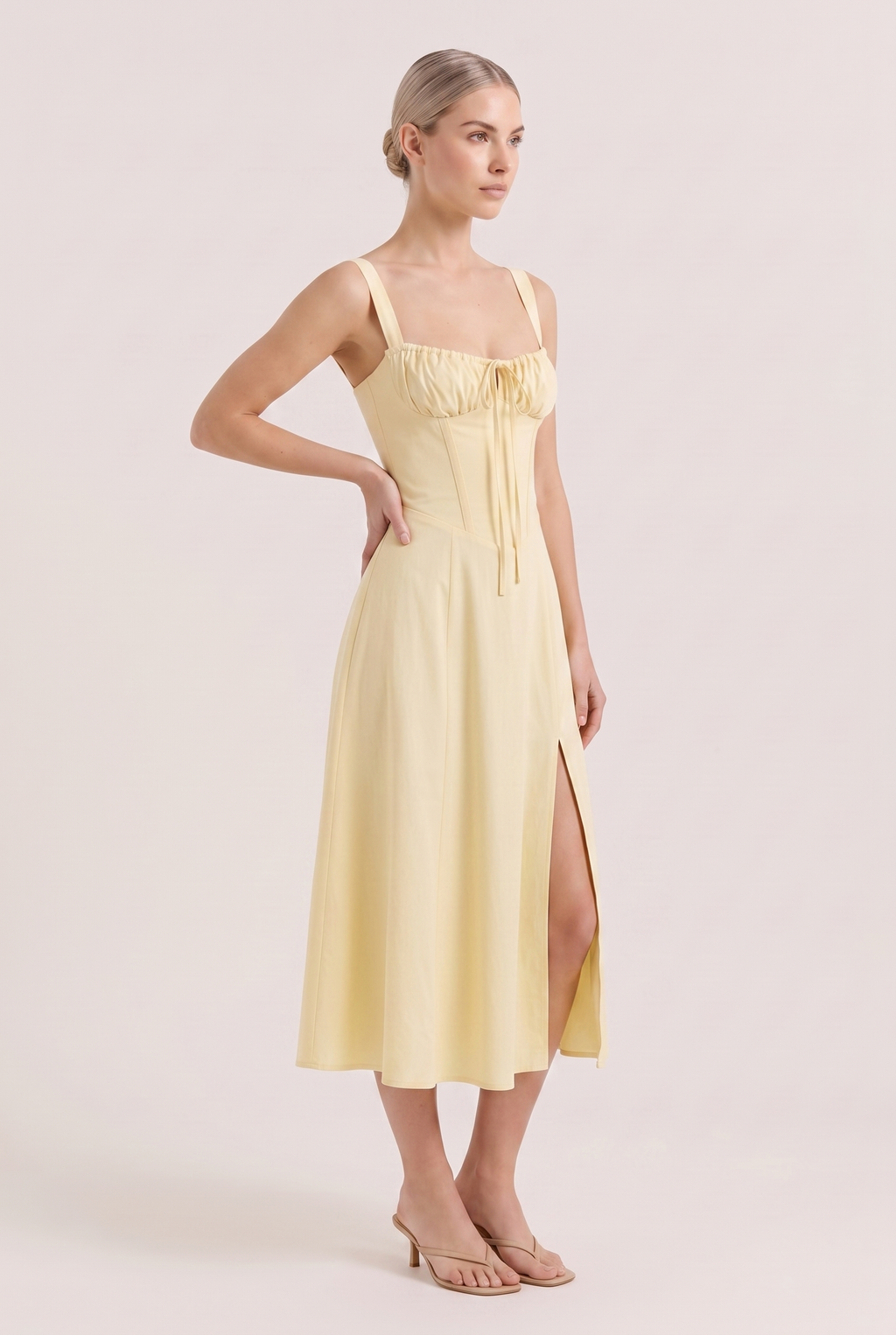 Light Yellow Corset Midi Dress with Side Slit - Side View