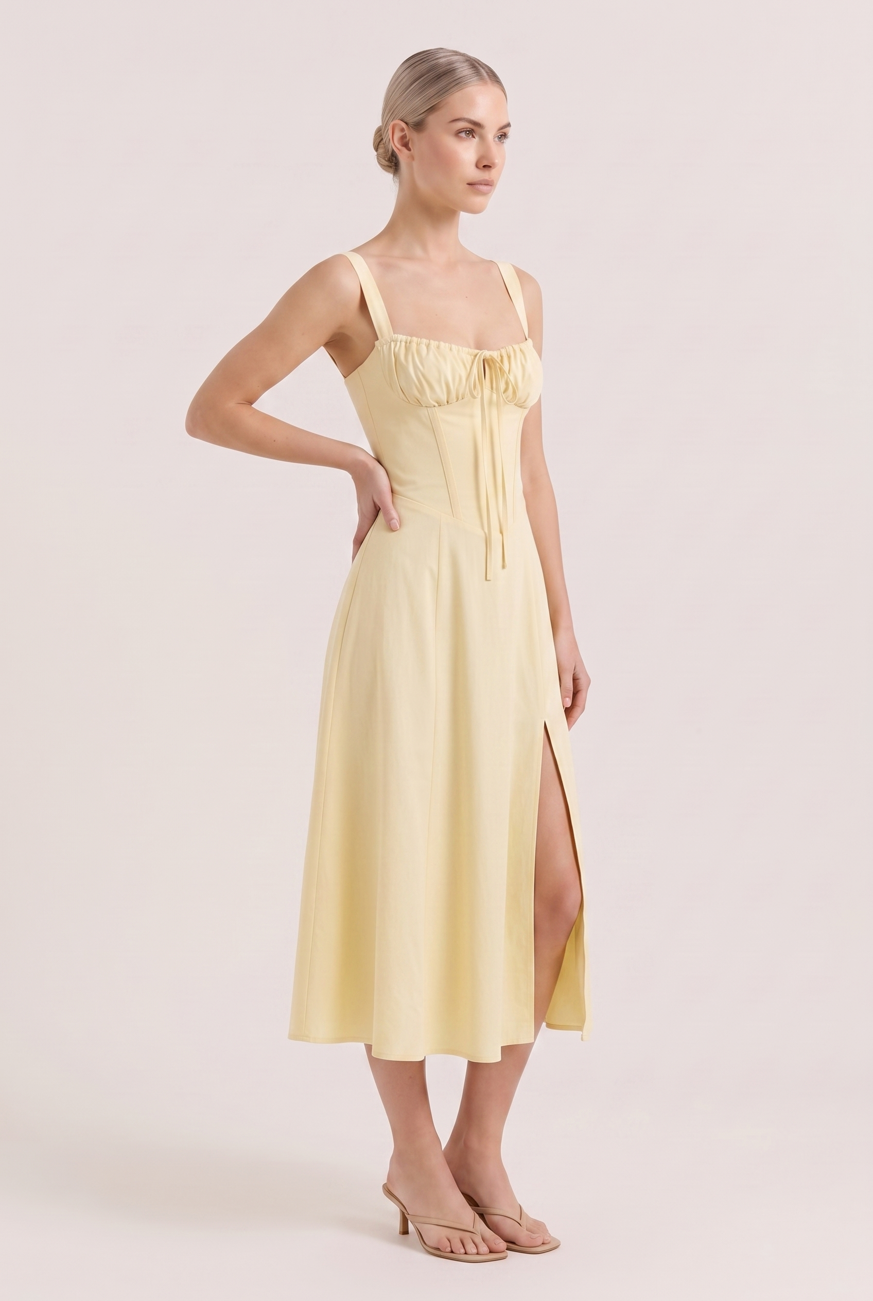 Light Yellow Corset Midi Dress with Side Slit - Side View