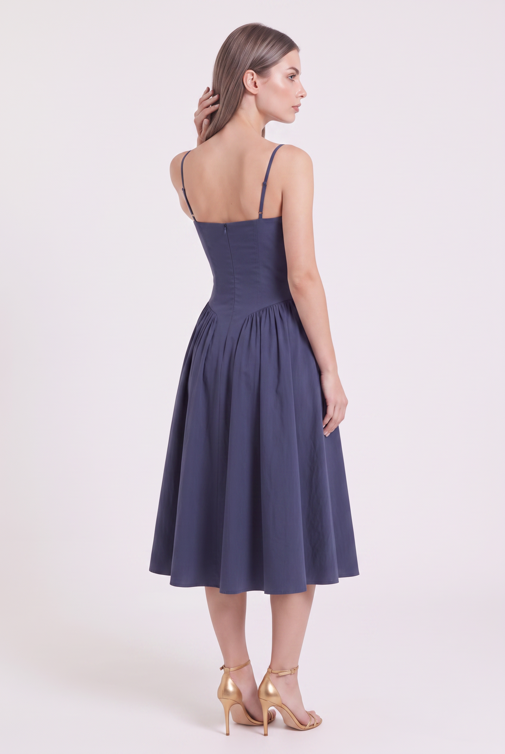 Navy Twill Sweetheart Midi Dress with Pockets - Back View