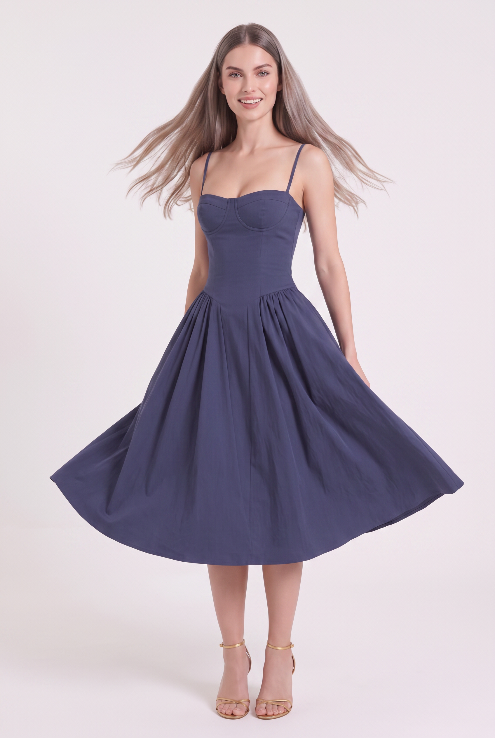 Navy Twill Sweetheart Midi Dress with Pockets - Front View in Motion