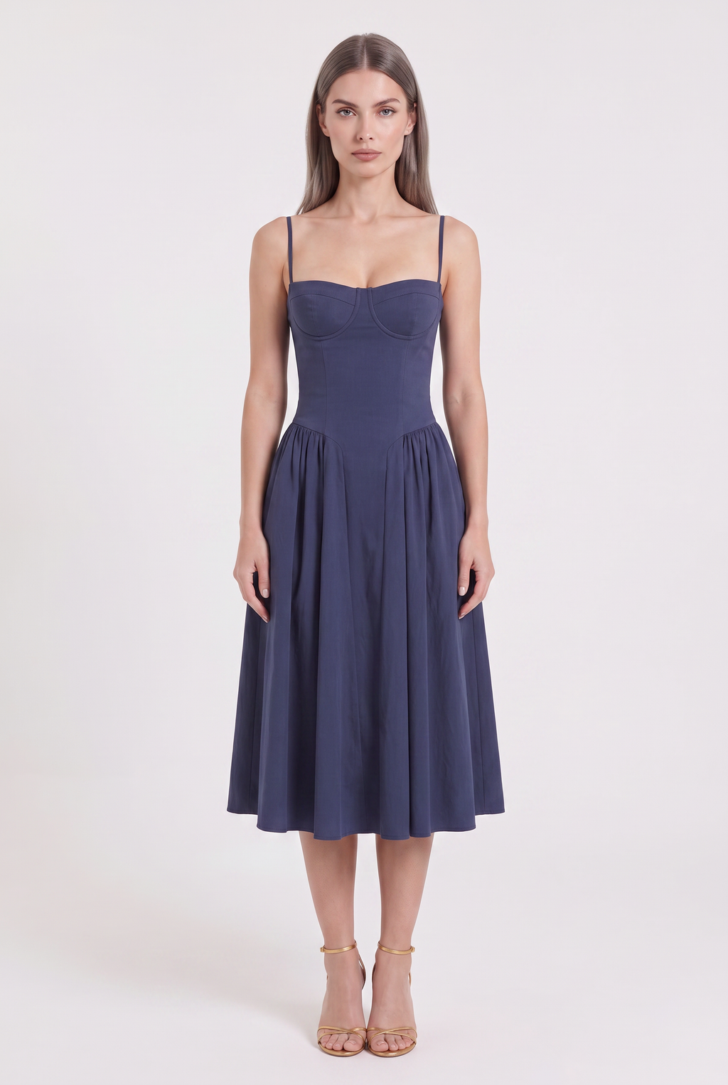 Navy Twill Sweetheart Midi Dress with Pockets - Front View