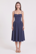 Navy Twill Sweetheart Midi Dress with Pockets - Front View