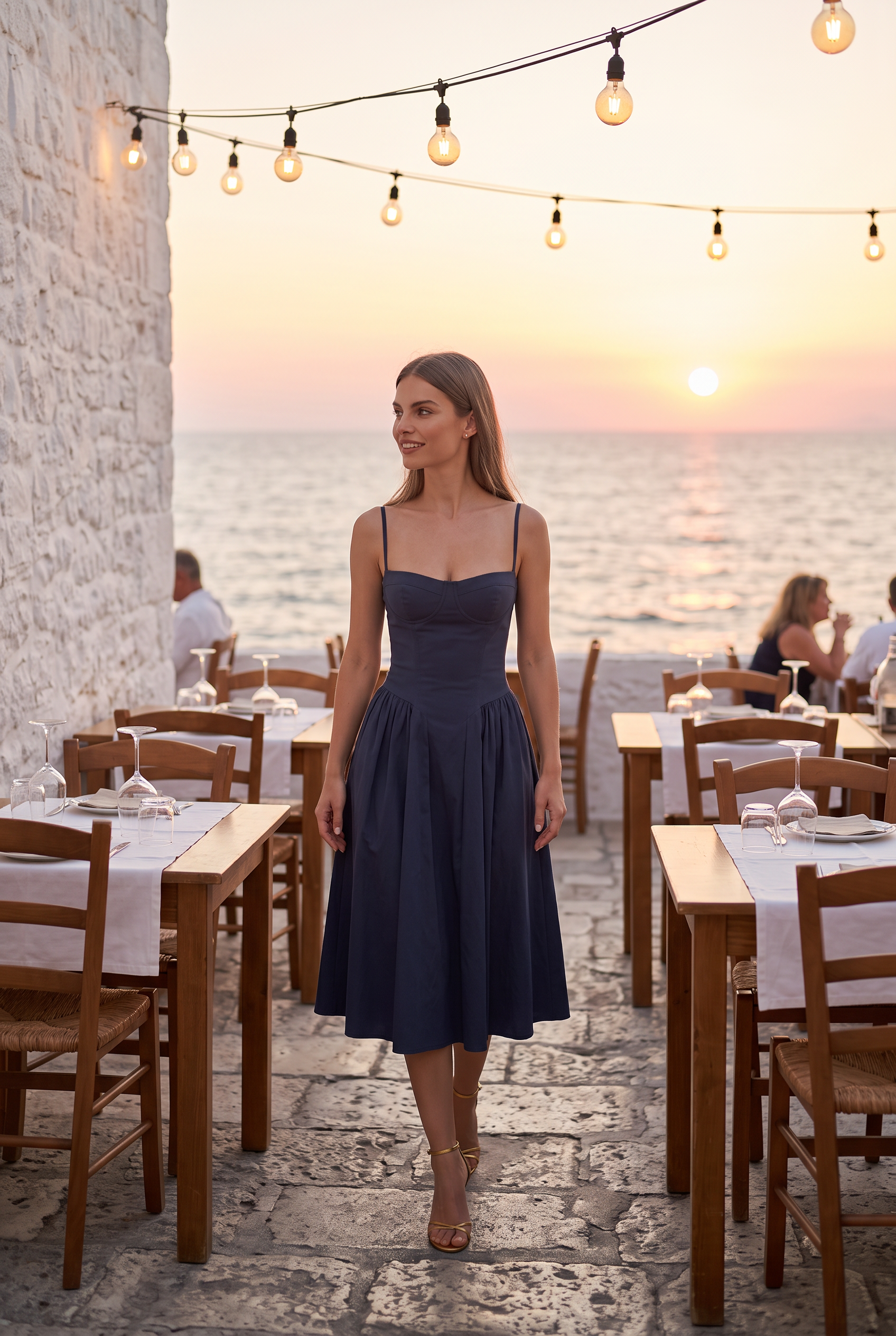 Navy Twill Sweetheart Midi Dress with Pockets - Lifestyle