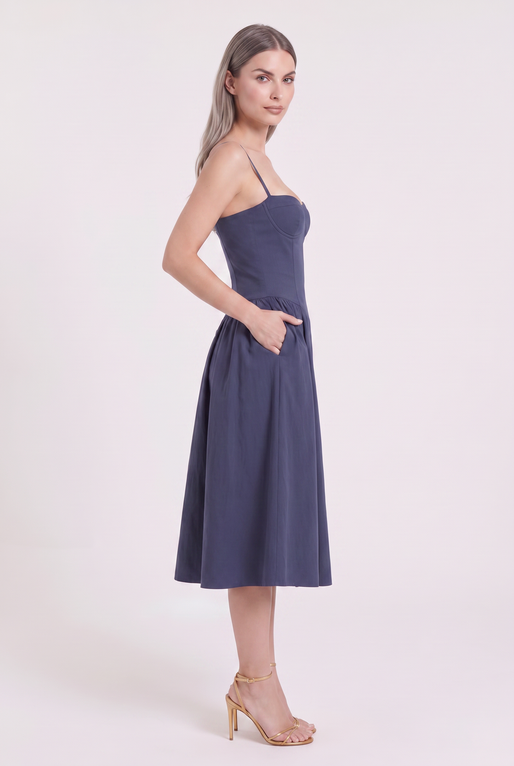 Navy Twill Sweetheart Midi Dress with Pockets - Side View