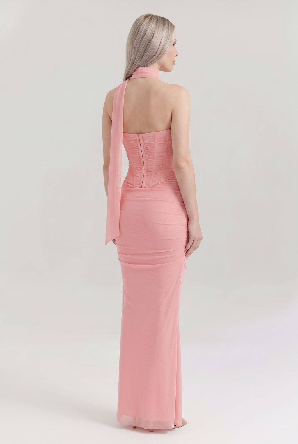 Pink Ruched Mesh Corset & Skirt Set with Scarf - Back View