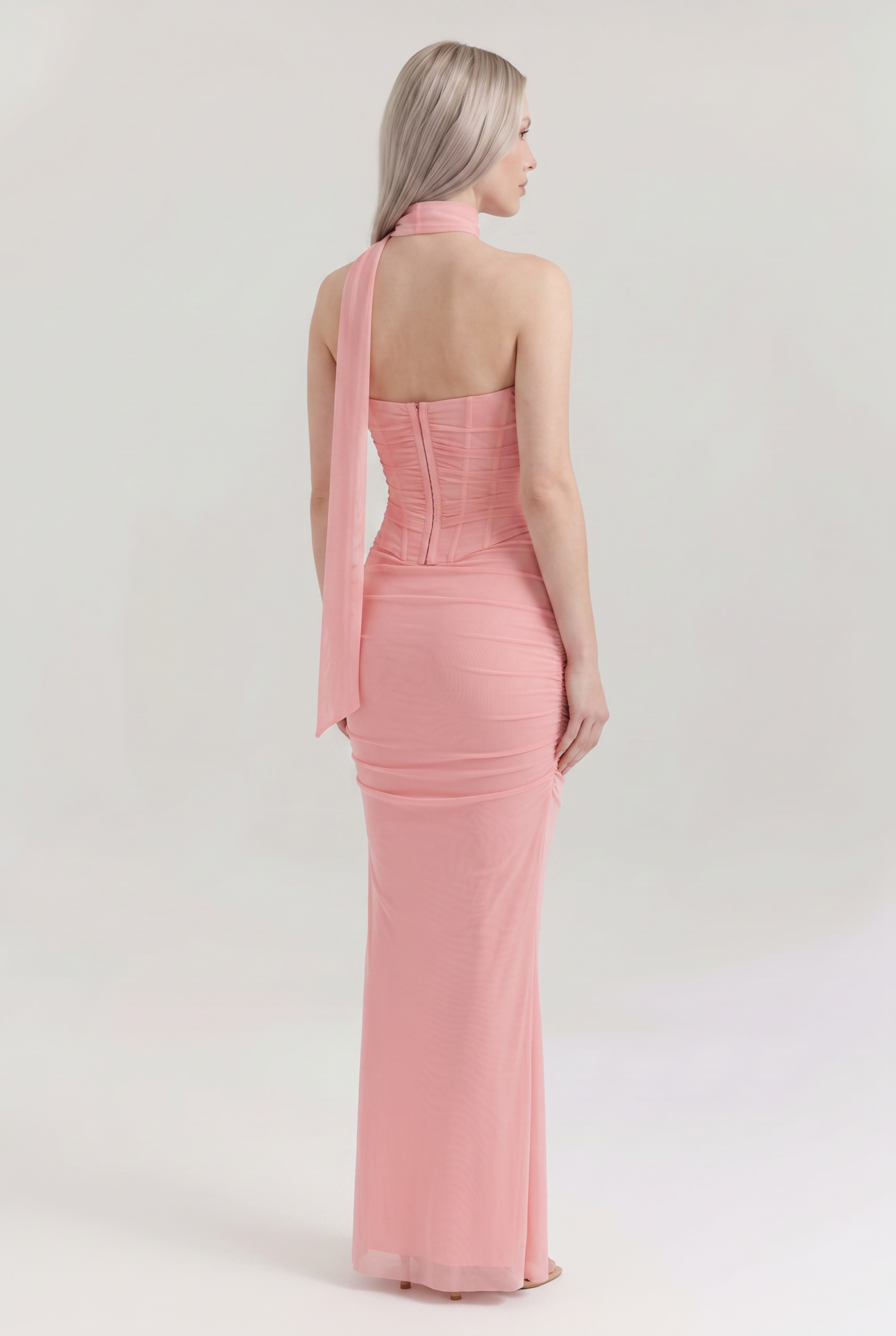 Pink Ruched Mesh Corset & Skirt Set with Scarf - Back View