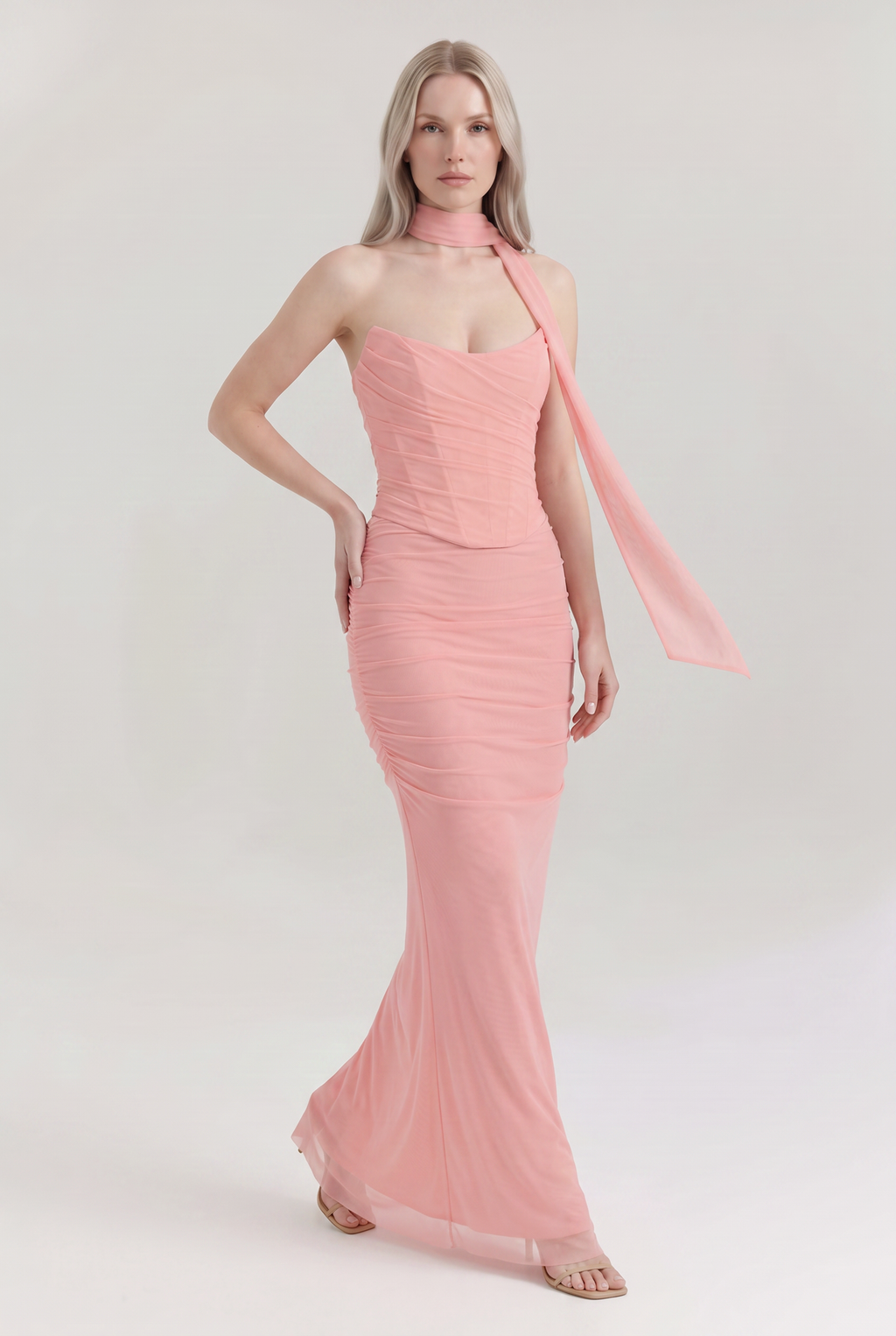 Pink Ruched Mesh Corset & Skirt Set with Scarf - Front View