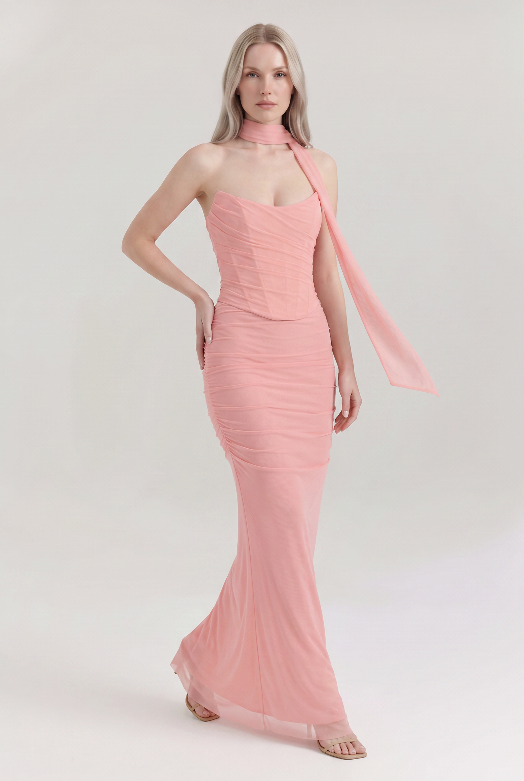 Pink Ruched Mesh Corset & Skirt Set with Scarf - Front View