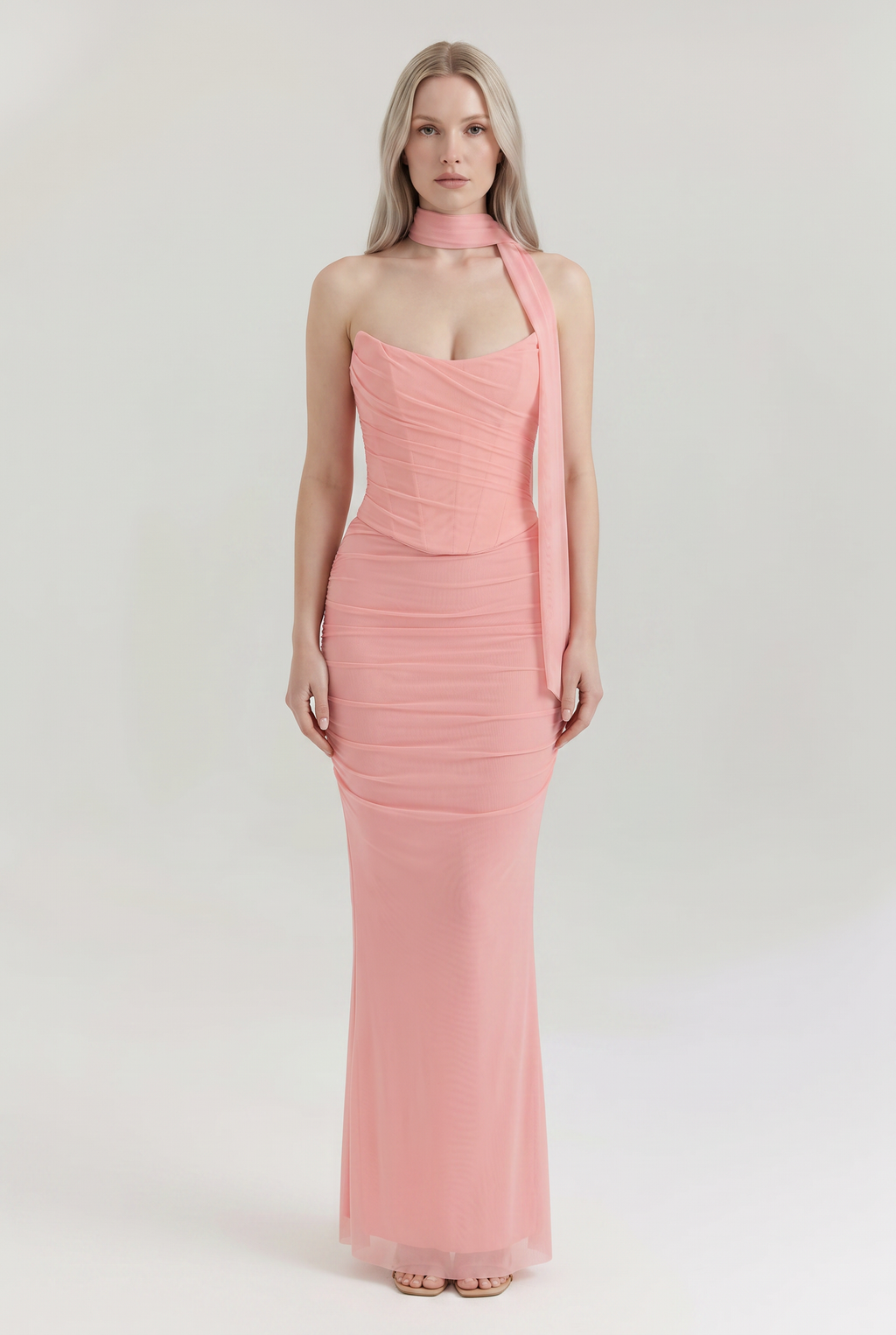 Pink Ruched Mesh Corset & Skirt Set with Scarf - Front View