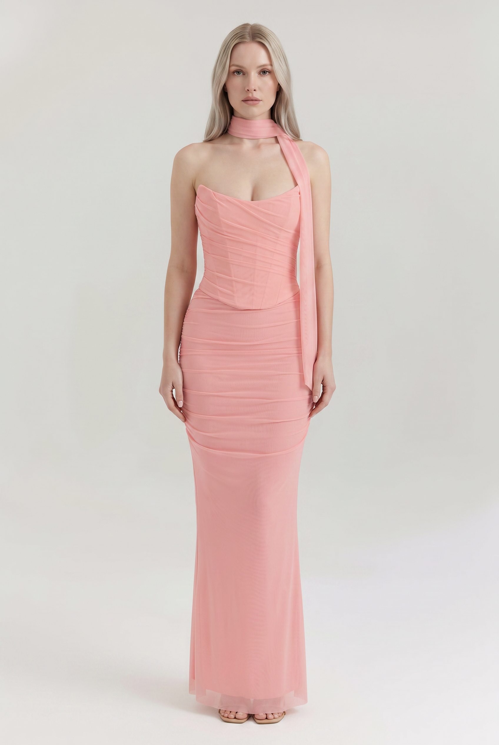 Pink Ruched Mesh Corset & Skirt Set with Scarf - Front View