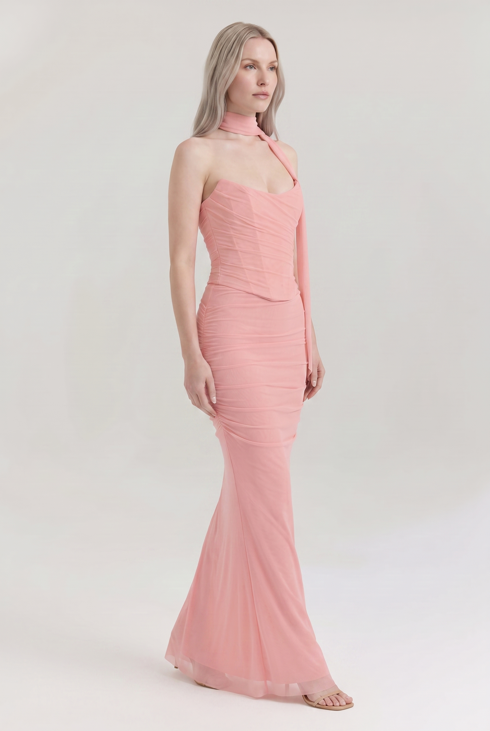 Pink Ruched Mesh Corset & Skirt Set with Scarf - Side View