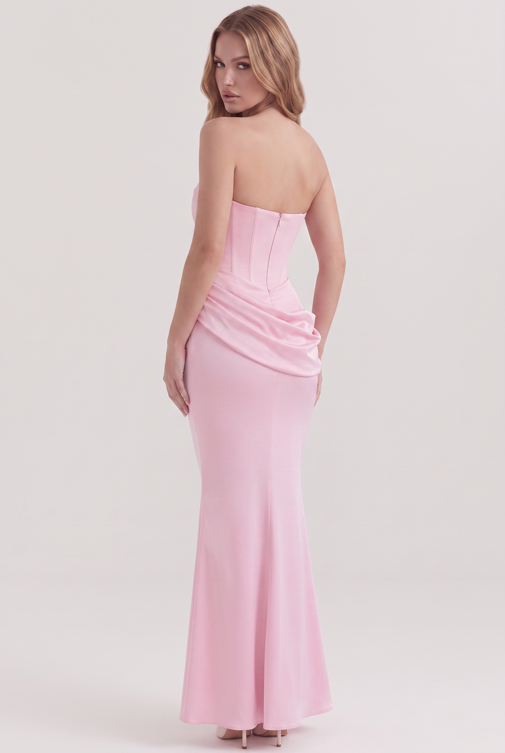 Pink Strapless Corset Maxi Dress with Draped Satin Skirt - Back View