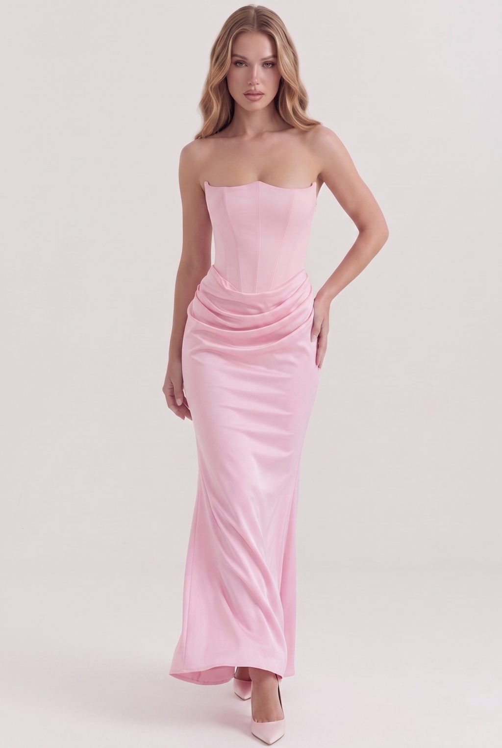 Pink Strapless Corset Maxi Dress with Draped Satin Skirt - Front View