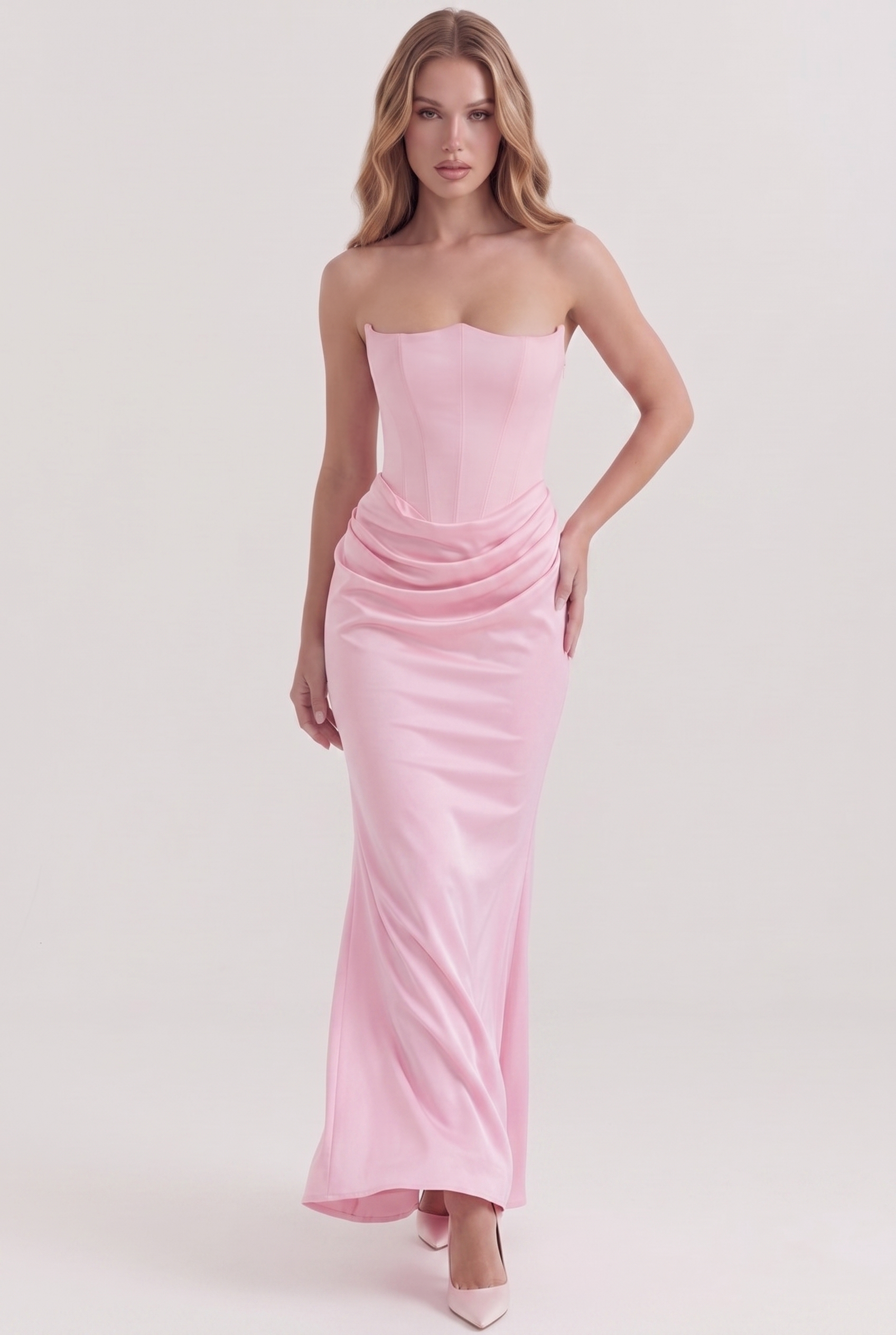 Pink Strapless Corset Maxi Dress with Draped Satin Skirt - Front View