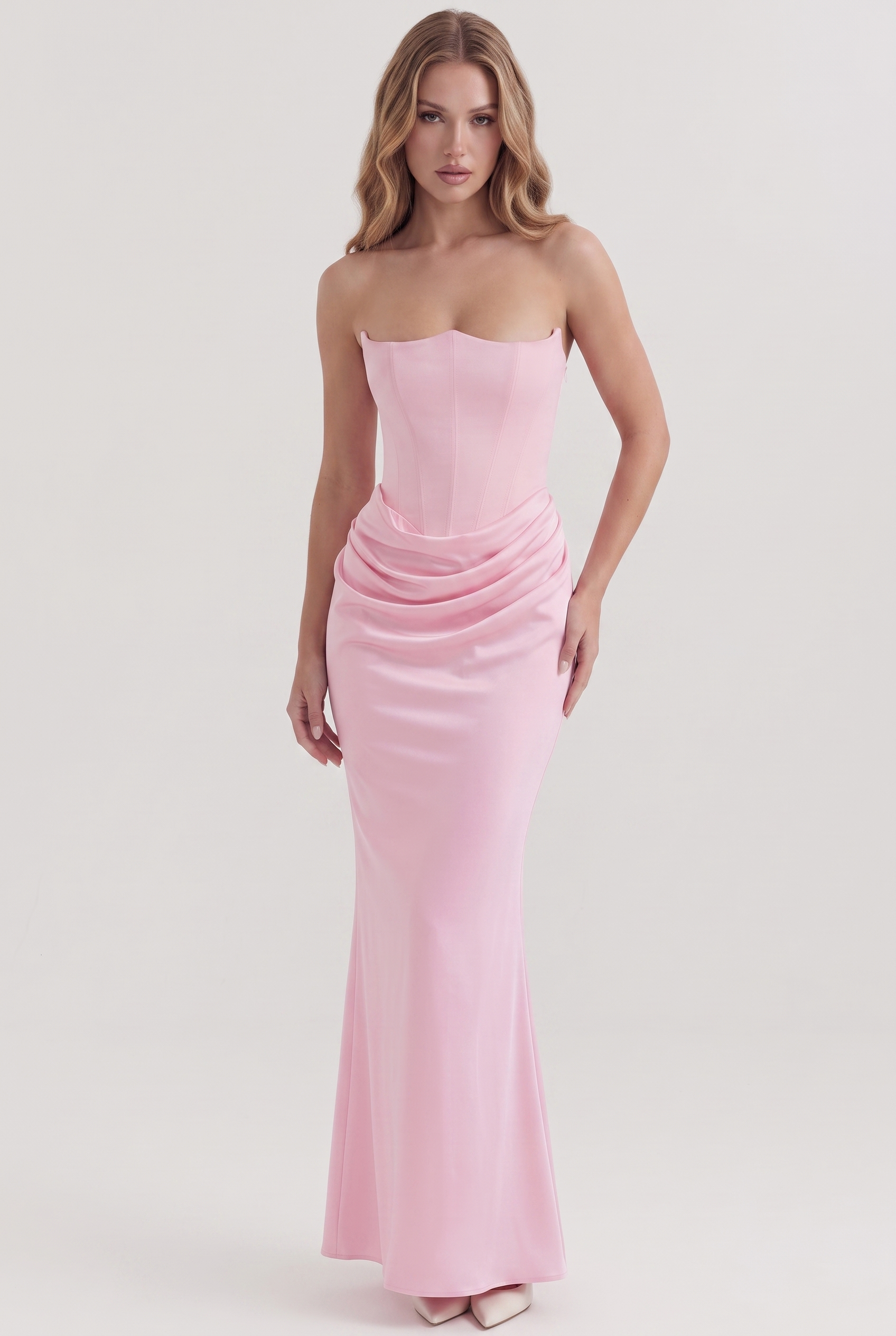Pink Strapless Corset Maxi Dress with Draped Satin Skirt - Front View