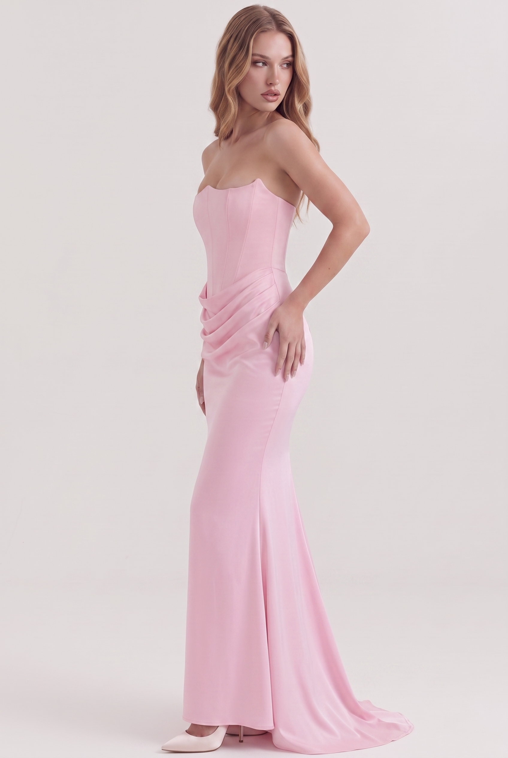 Pink Strapless Corset Maxi Dress with Draped Satin Skirt - Side View