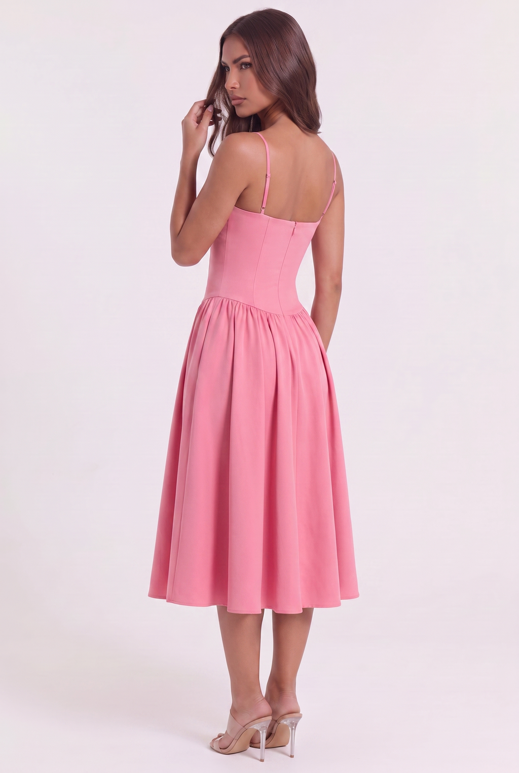Pink Twill Sweetheart Midi Dress with Pockets - Back View