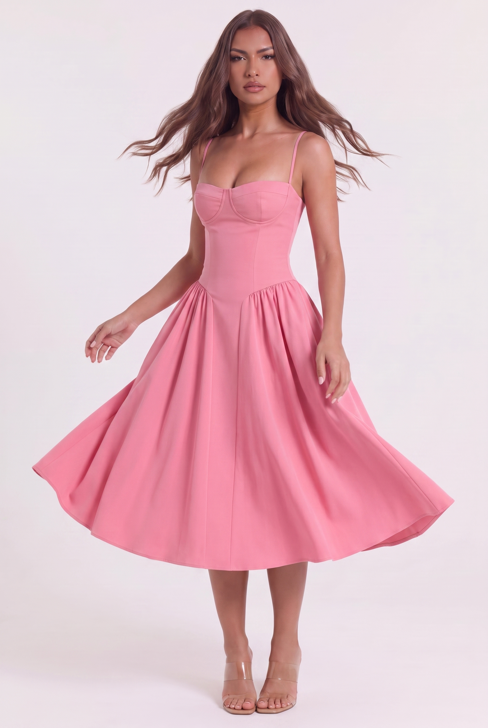 Pink Twill Sweetheart Midi Dress with Pockets - Front View in Motion