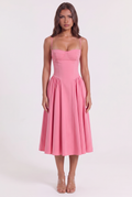 Pink Twill Sweetheart Midi Dress with Pockets - Front View