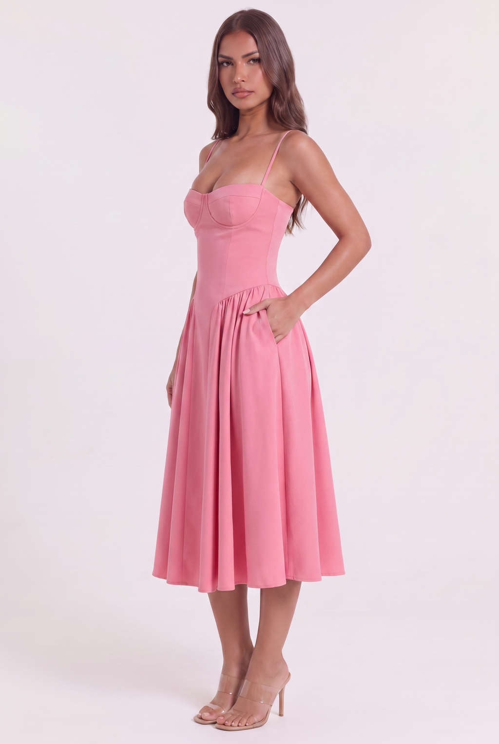 Pink Twill Sweetheart Midi Dress with Pockets - Side View