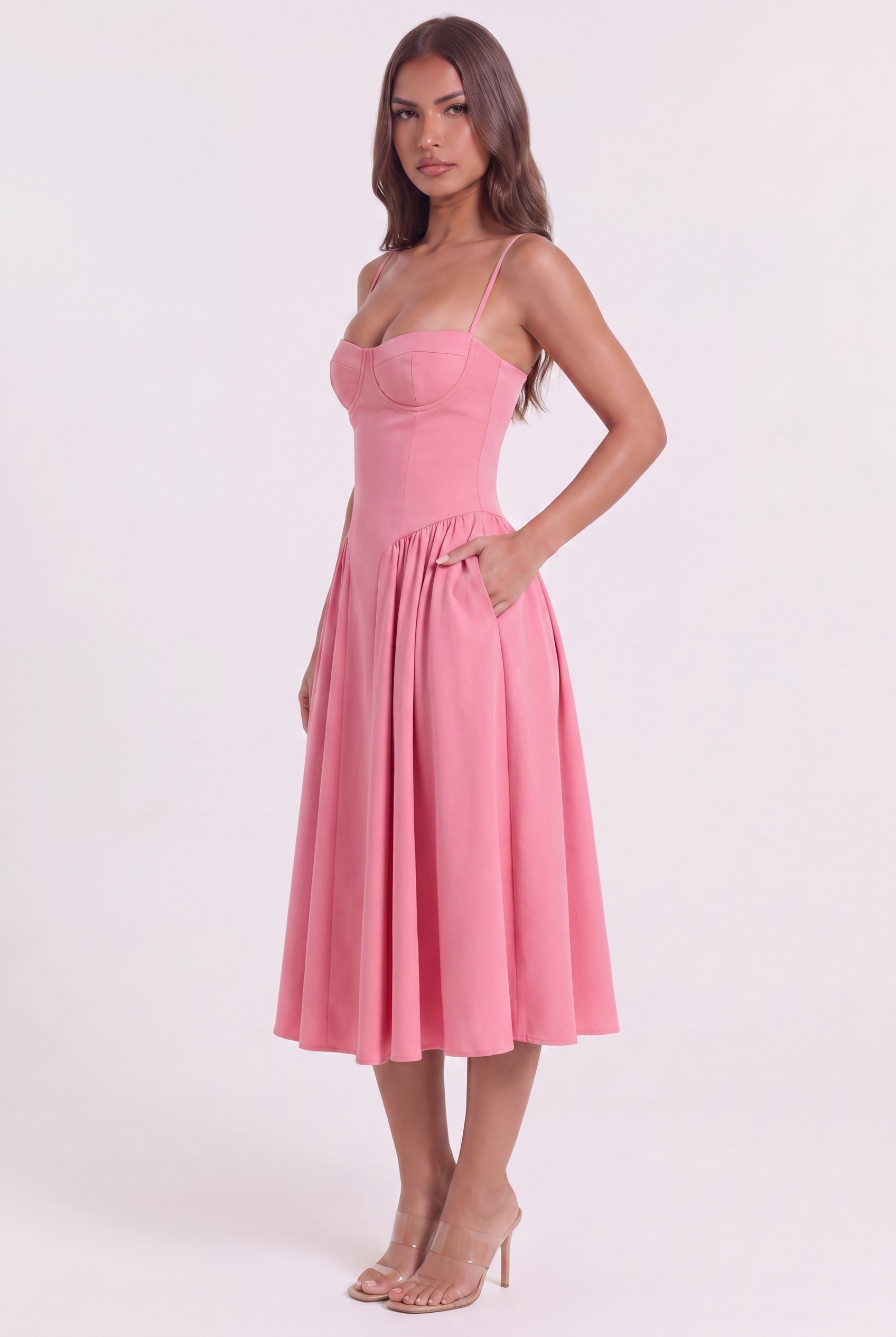Pink Twill Sweetheart Midi Dress with Pockets - Side View