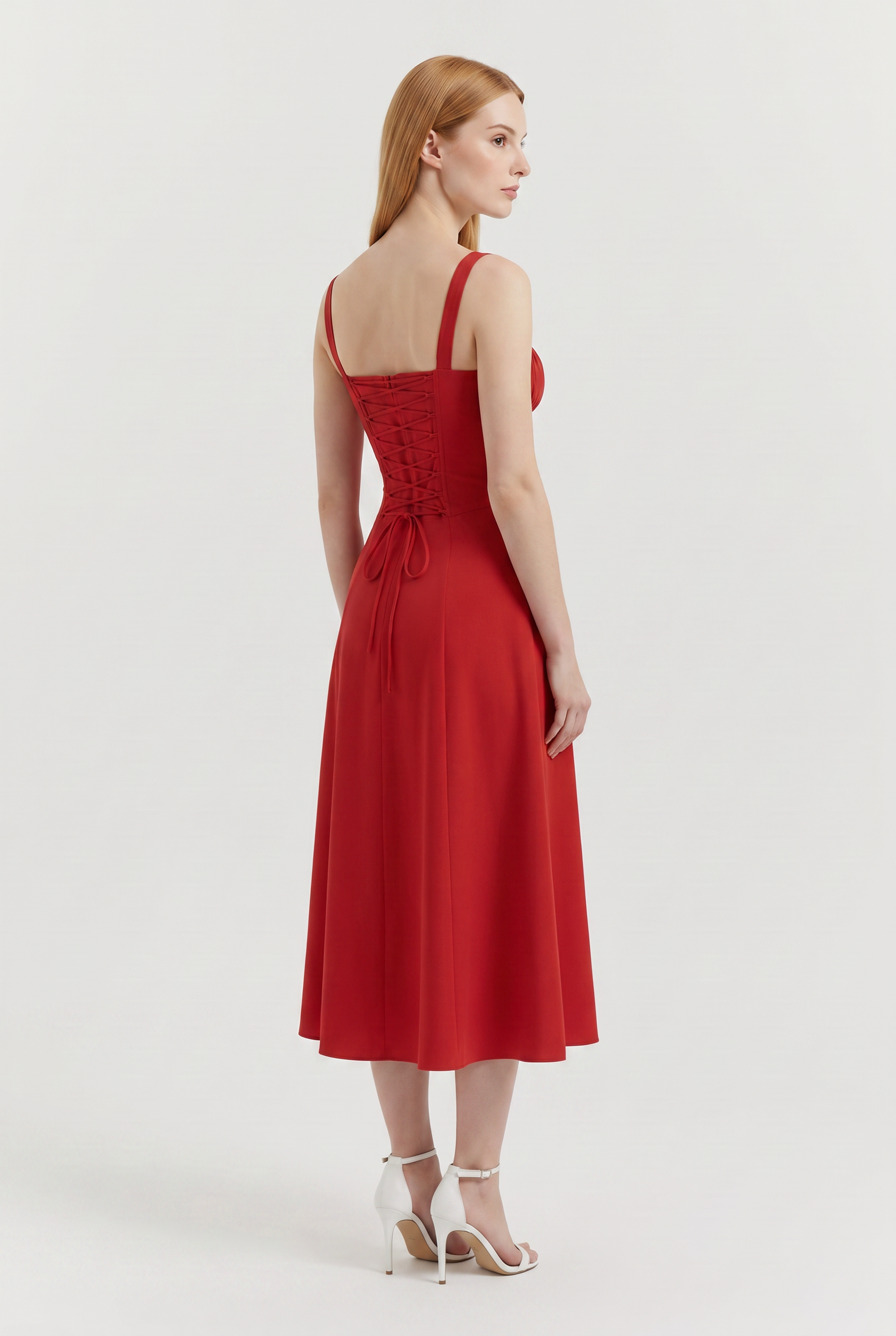 Red Cotton Corset Midi Dress with Lace-Up Back - Back View