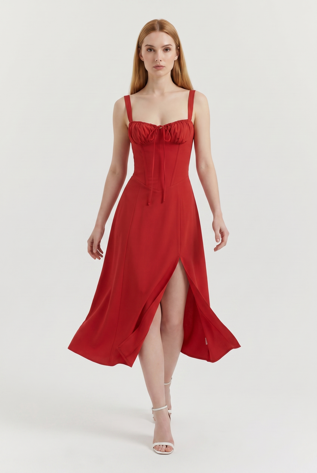 Red Cotton Corset Midi Dress with Lace-Up Back - Front View