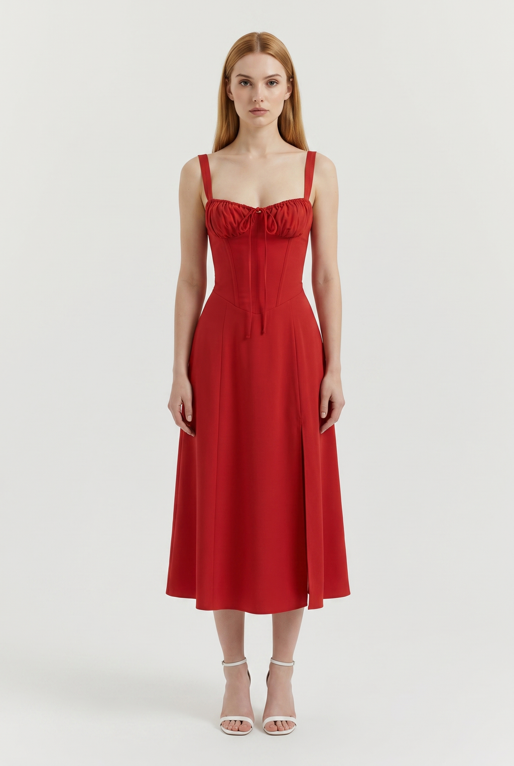 Red Cotton Corset Midi Dress with Lace-Up Back - Front View