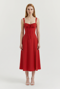 Red Cotton Corset Midi Dress with Lace-Up Back - Front View
