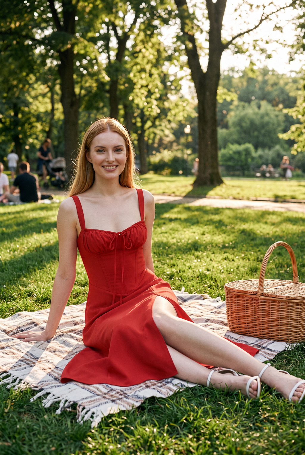 Red Cotton Corset Midi Dress with Lace-Up Back - Lifestyle