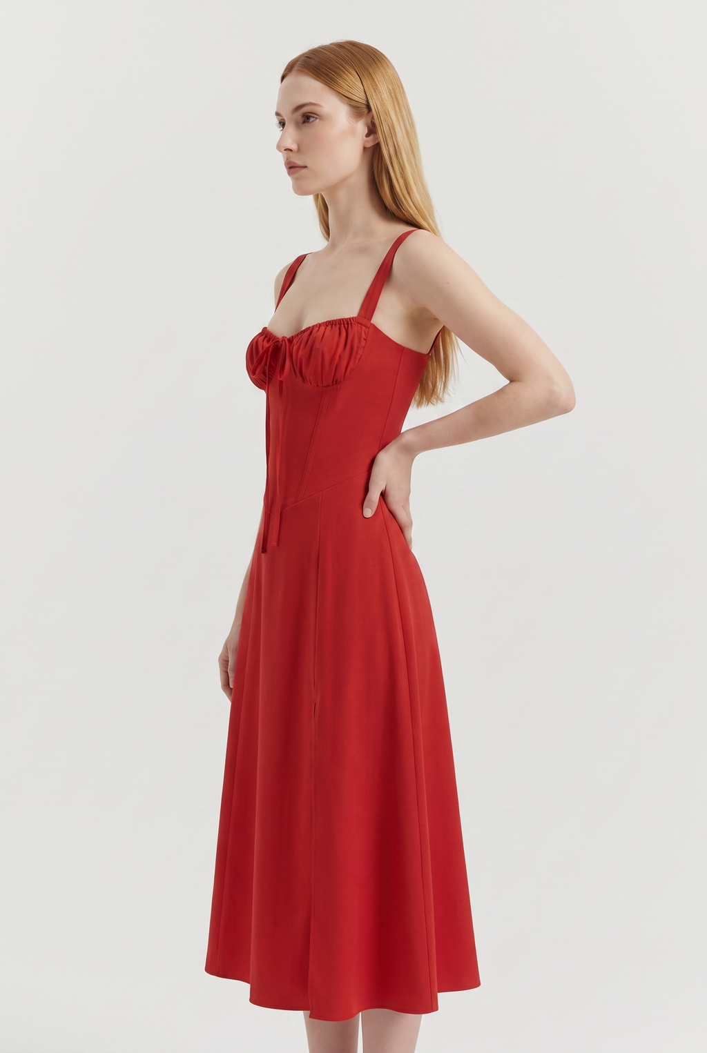 Red Cotton Corset Midi Dress with Lace-Up Back - Side View