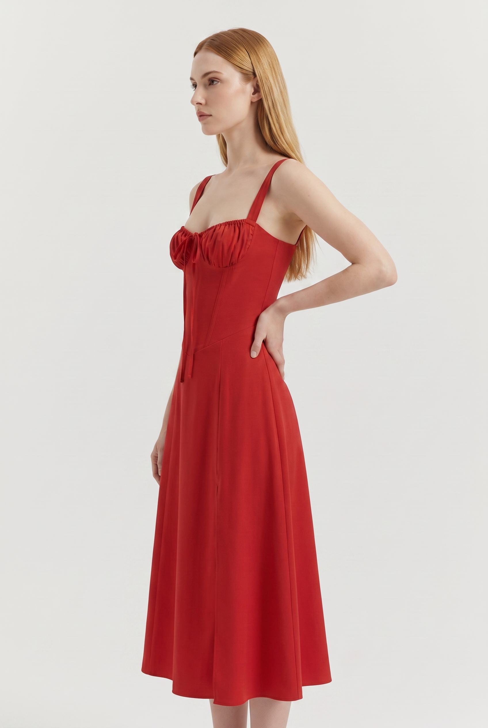 Red Cotton Corset Midi Dress with Lace-Up Back - Side View
