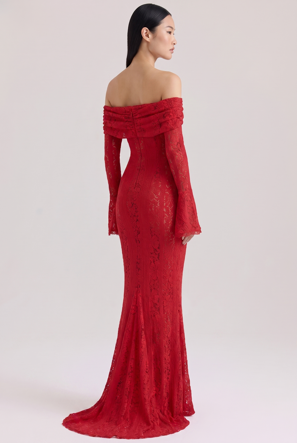 Red Floral Lace Off-Shoulder Maxi Dress with Godet Skirt - Back View