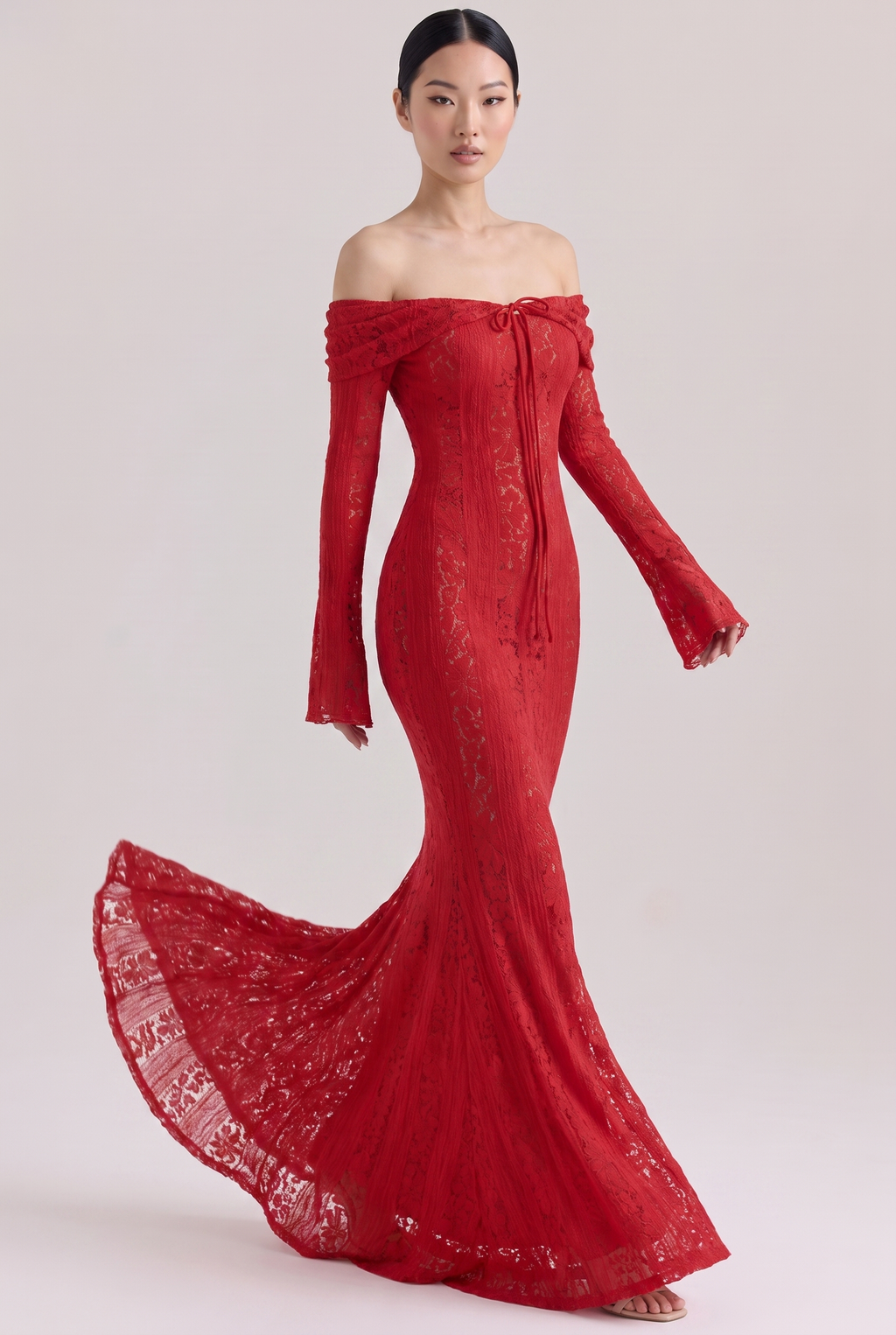 Red Floral Lace Off-Shoulder Maxi Dress with Godet Skirt - Front View in Motion