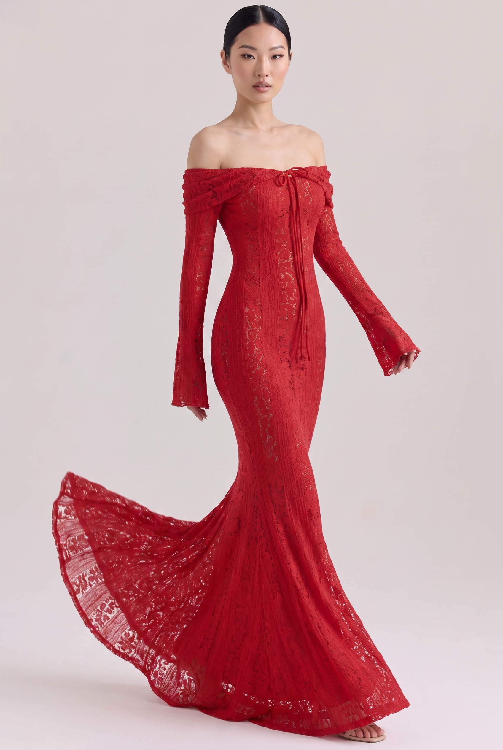 Red Floral Lace Off-Shoulder Maxi Dress with Godet Skirt - Front View in Motion