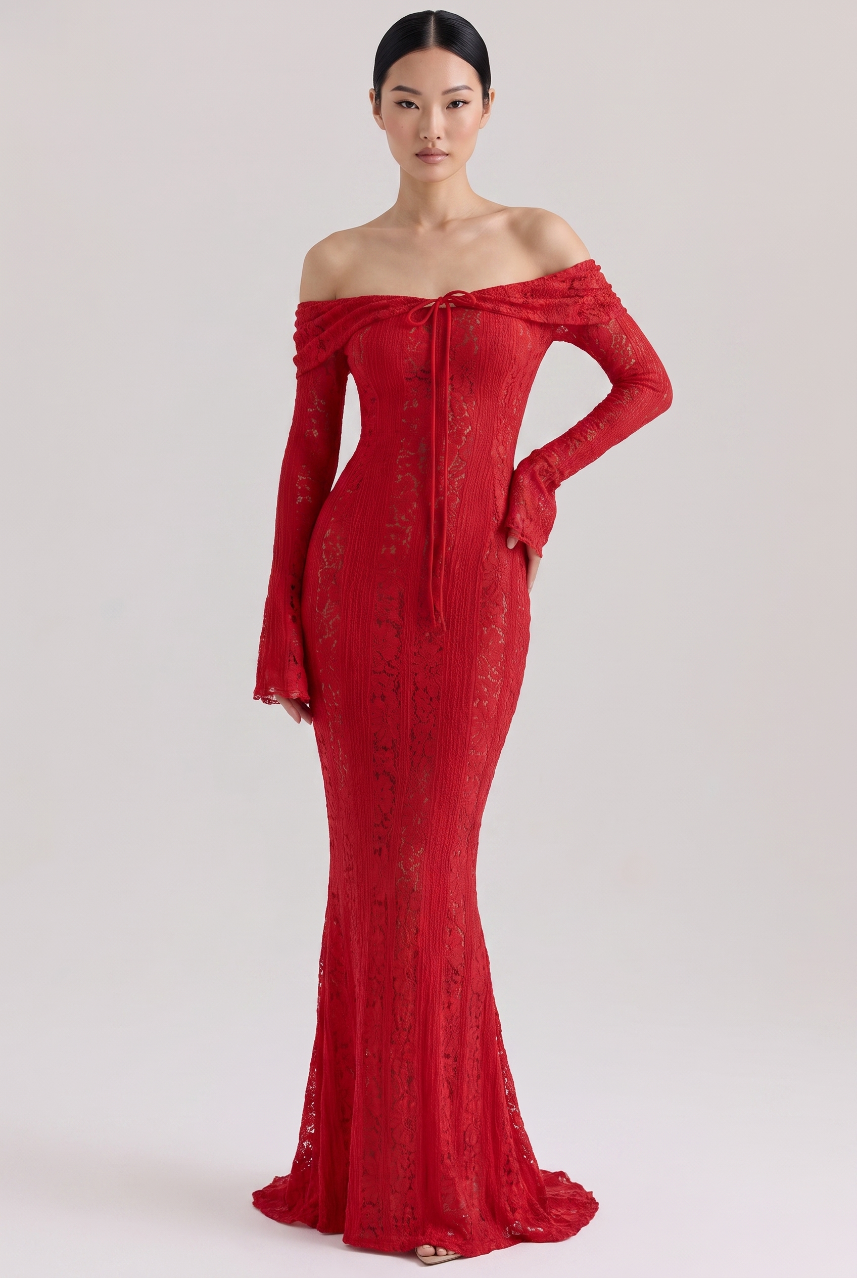 Red Floral Lace Off-Shoulder Maxi Dress with Godet Skirt - Front View