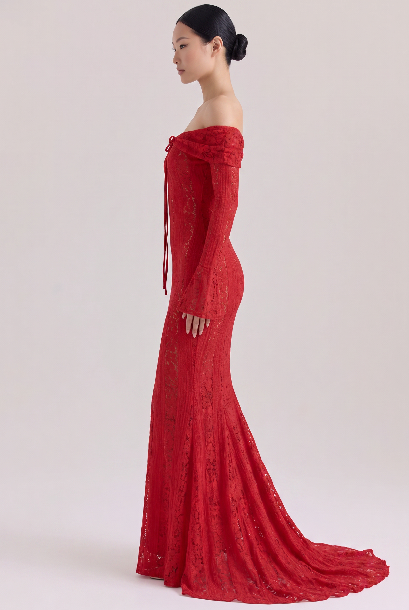 Red Floral Lace Off-Shoulder Maxi Dress with Godet Skirt - Side View
