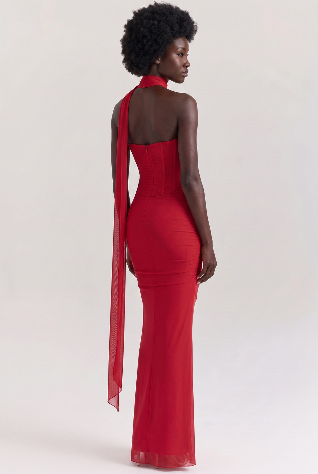 Red Ruched Mesh Corset & Skirt Set with Scarf - Back View