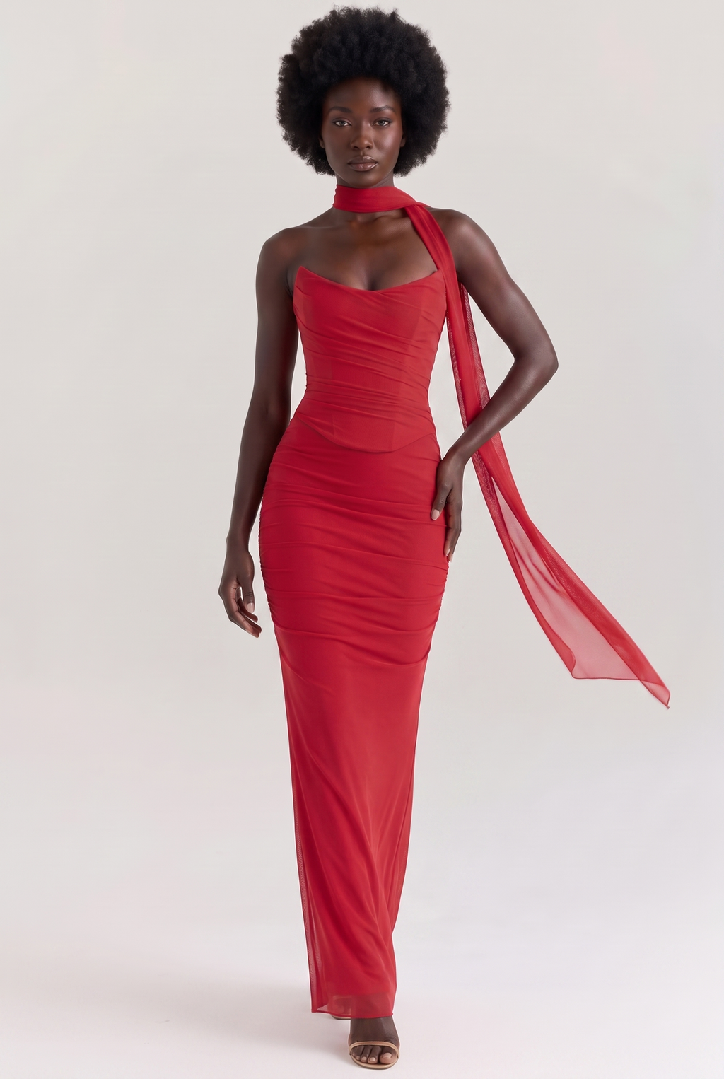 Red Ruched Mesh Corset & Skirt Set with Scarf - Front View
