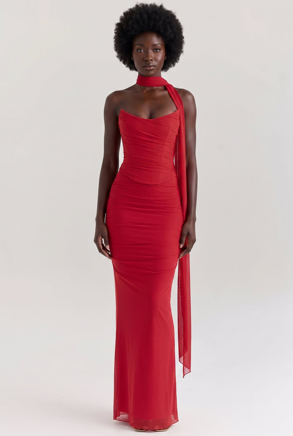 Red Ruched Mesh Corset & Skirt Set with Scarf - Front View