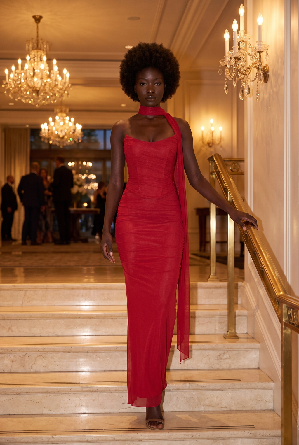 Red Ruched Mesh Corset & Skirt Set with Scarf - Lifestyle