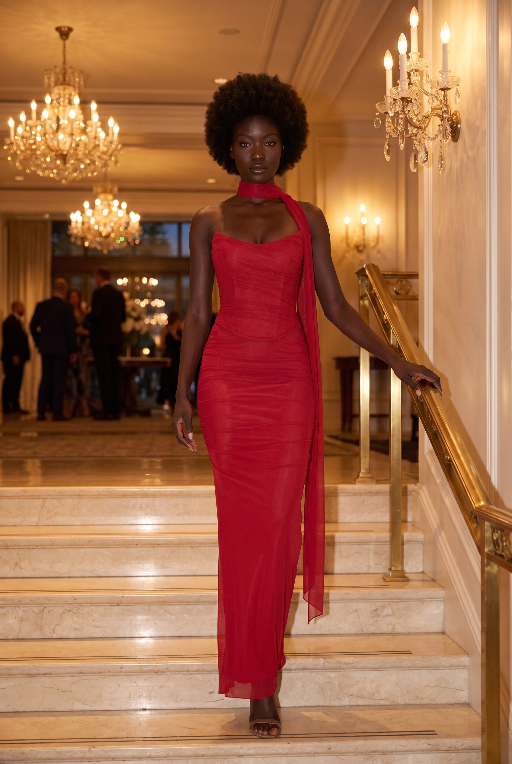 Red Ruched Mesh Corset & Skirt Set with Scarf - Lifestyle