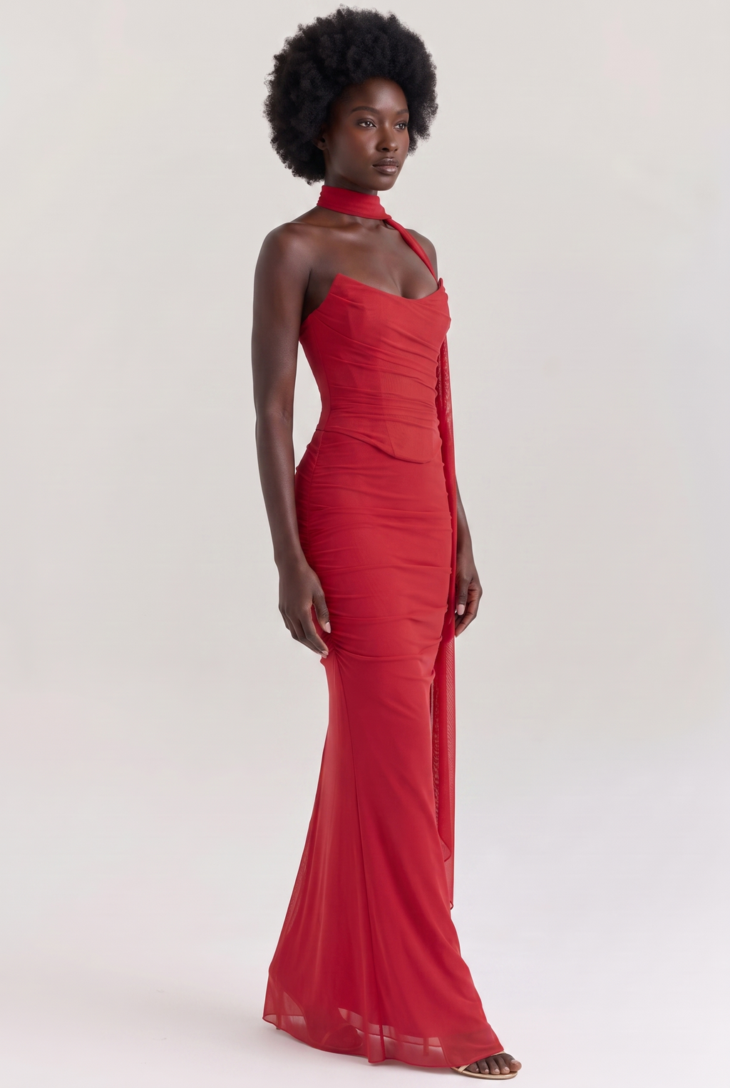Red Ruched Mesh Corset & Skirt Set with Scarf - Side View