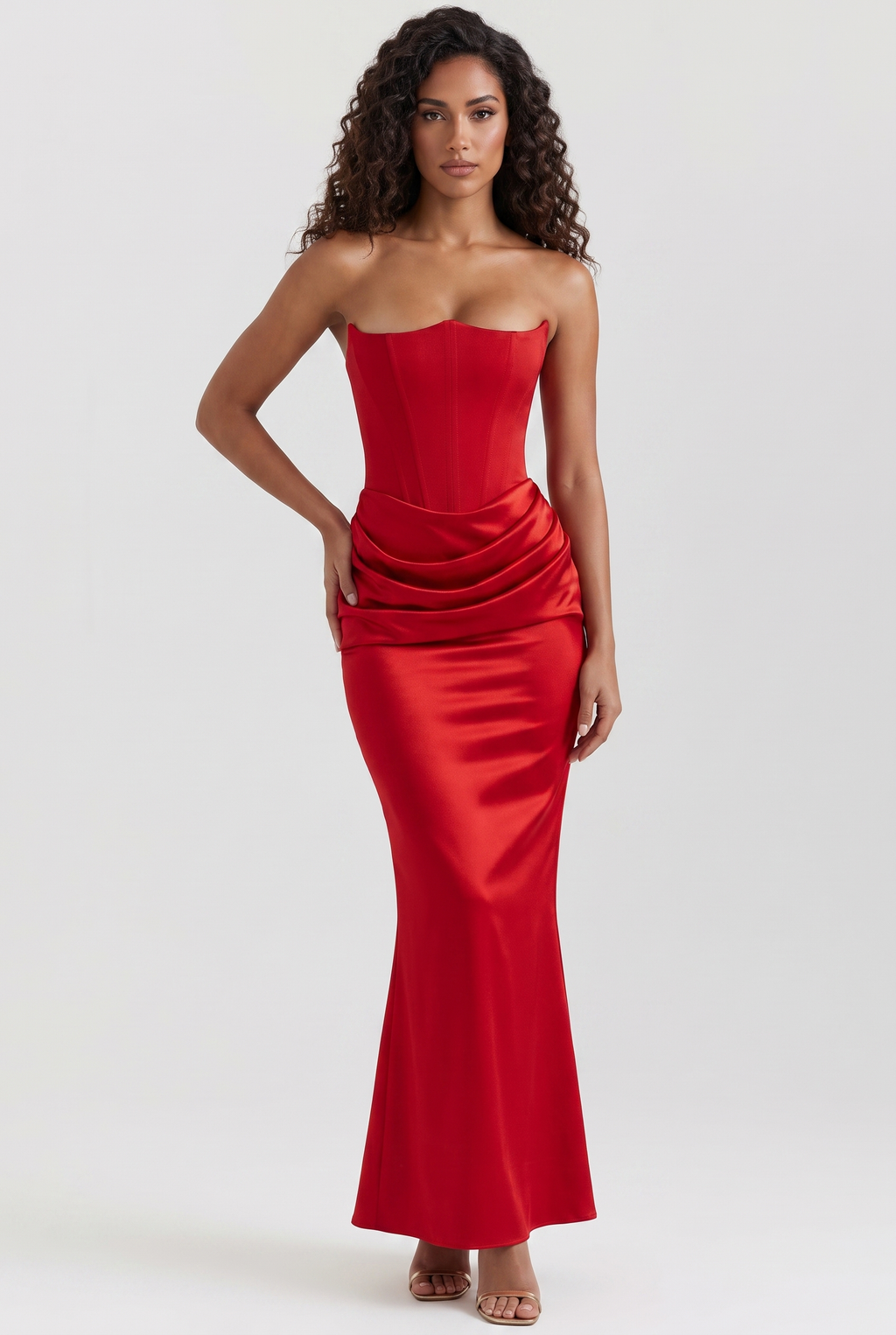 Red Strapless Corset Maxi Dress with Draped Satin Skirt - Front View